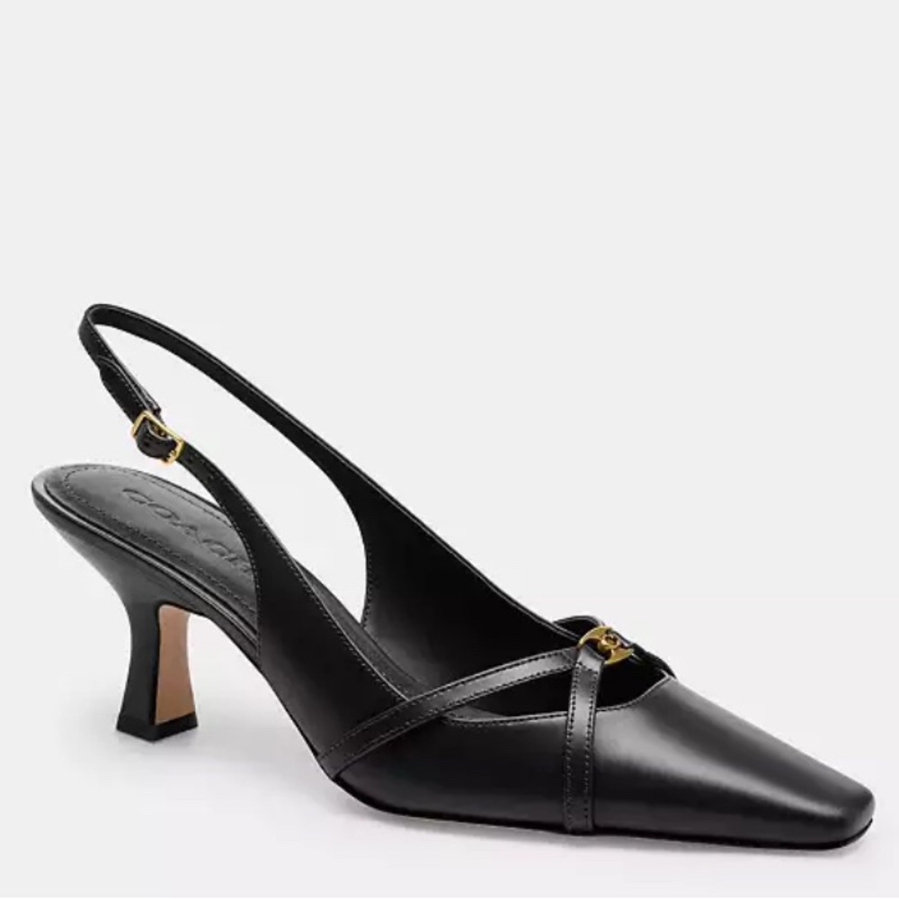 Coach Rowyn Black Leather Slingback Mules with Gold Accent - Picture 3 of 3